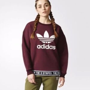Adidas Originals Sweater Small Women Pullover Trefoil Burgundy Oversized Q